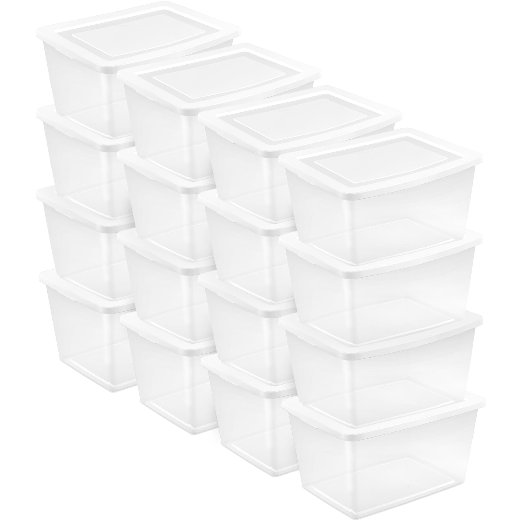 Sterilite 16 Pack Storage Box, 58 Quart Stackable Tote, Clear Plastic Container with Secure Snapping Lids for Home and Office Organization, White