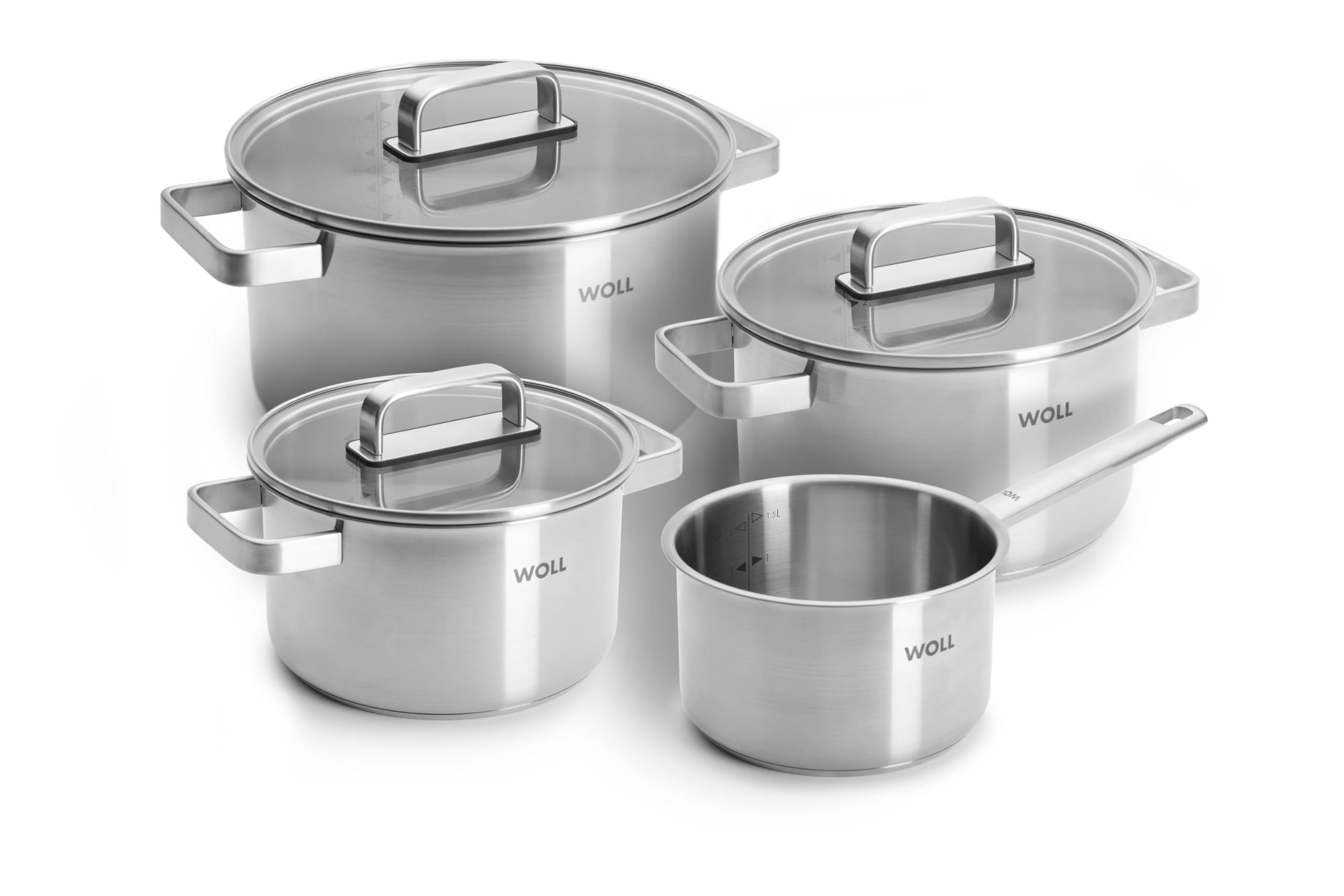 WOLL Set di pentole in acciaio inox, 7 pezzi, adatti a induzione, per tutti i piani cottura, lavabili in lavastoviglie, resistenti alla corrosione