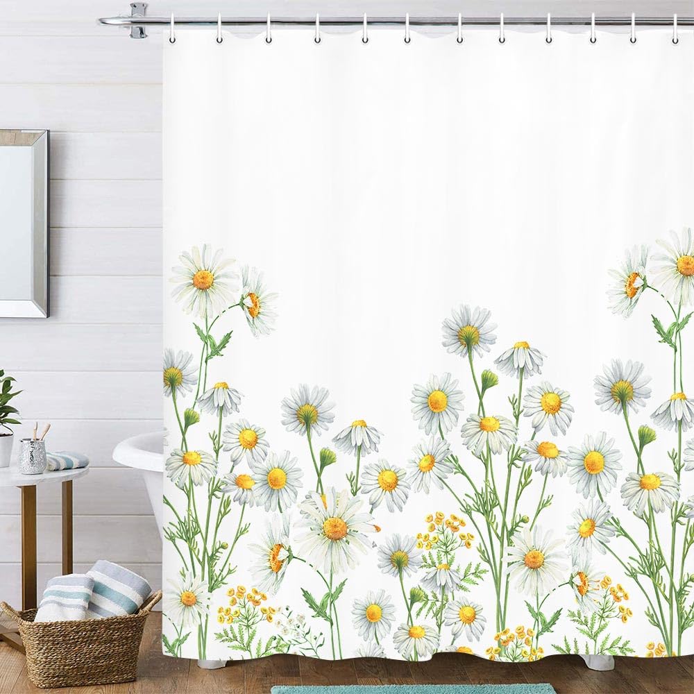 White Daisy Shower Curtain for Bathroom, Rustic Floral Farmhouse Flower Spring Bath Curtains, Country Nature Botanical Decor Shower Curtain Set with