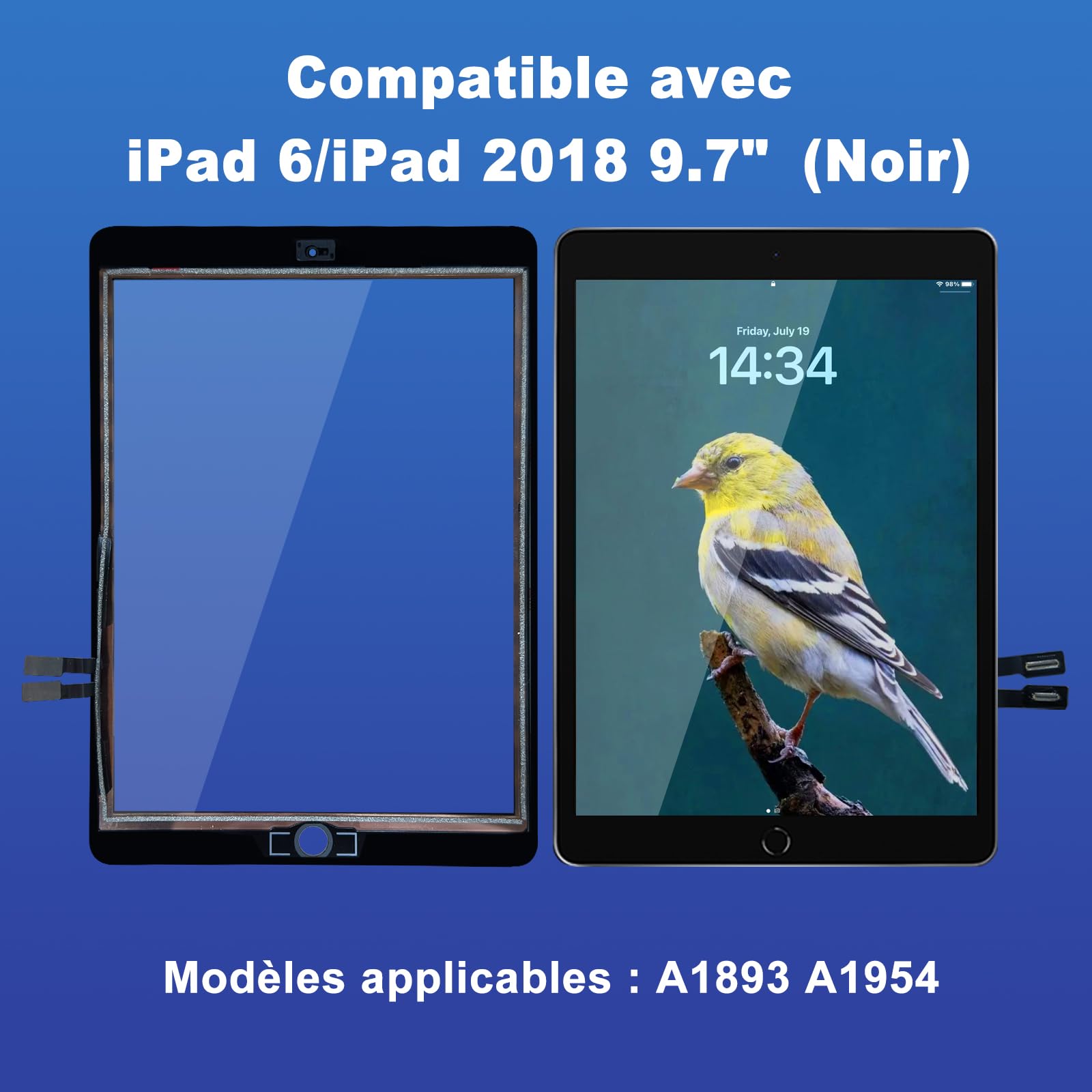 Écran Tactile iPad 6ème Génération 9.7" Remplacement 2018 Digitizer Adhésif Pré-installé Noir A1893 A1954