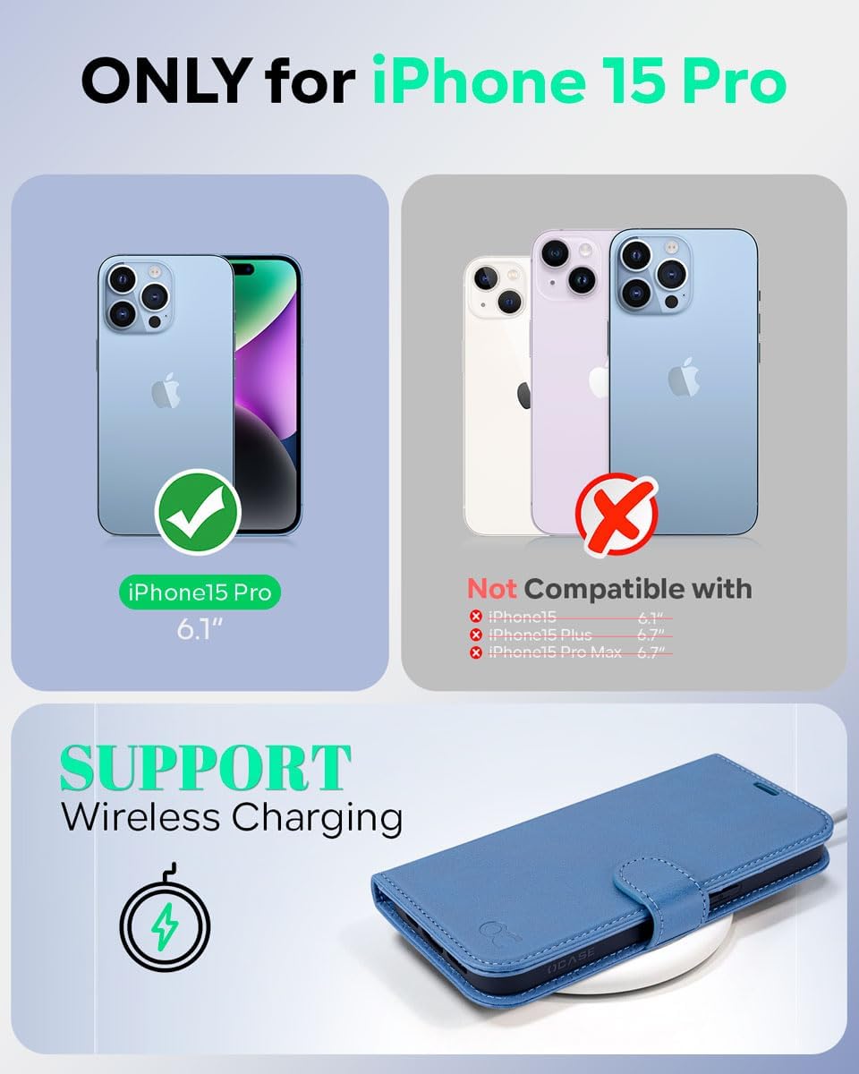 OCASE Compatible with iPhone 15 Pro Wallet Case, PU Leather Flip Folio Case with Card Holders RFID Blocking Kickstand [Shockproof TPU Inner Shell] Phone Cover 6.1 Inch 2023, Light Blue - Image 2