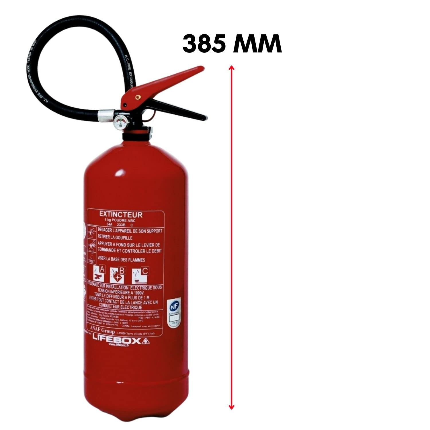 Extintor de polvo 6 kg Jet 6 m, manómetro de presión, para incendios clases A B C, extintor de casa, oficina, coche, barco – Certificado CE 0029 & NF en 3, EXT06/PS6-HJ LIFEBOX