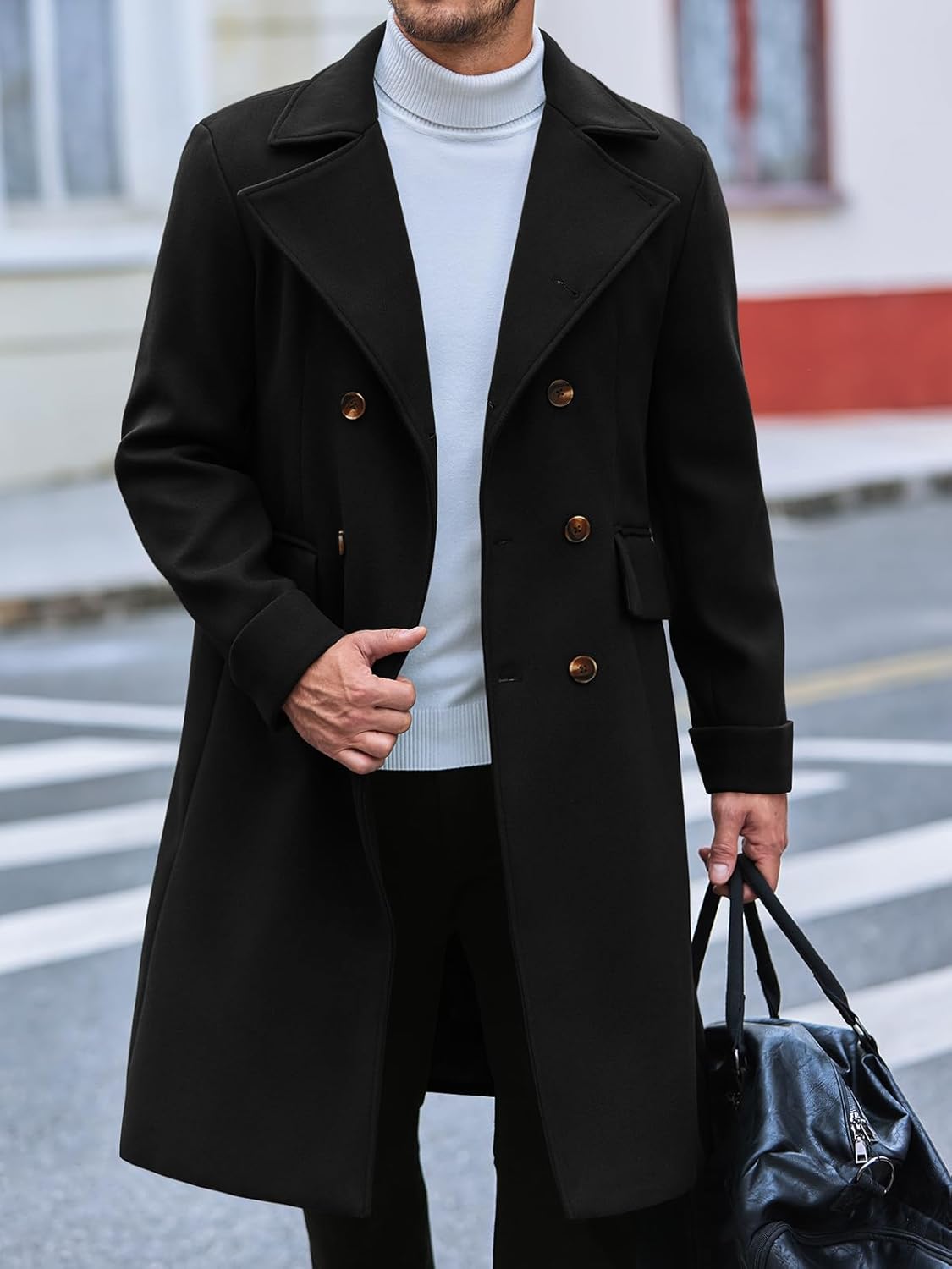 Runcati Mens Trench Coat Notch Lapel Slim Fit Double Breasted Long Pea Coat Winter Warm Overcoat - Image 2