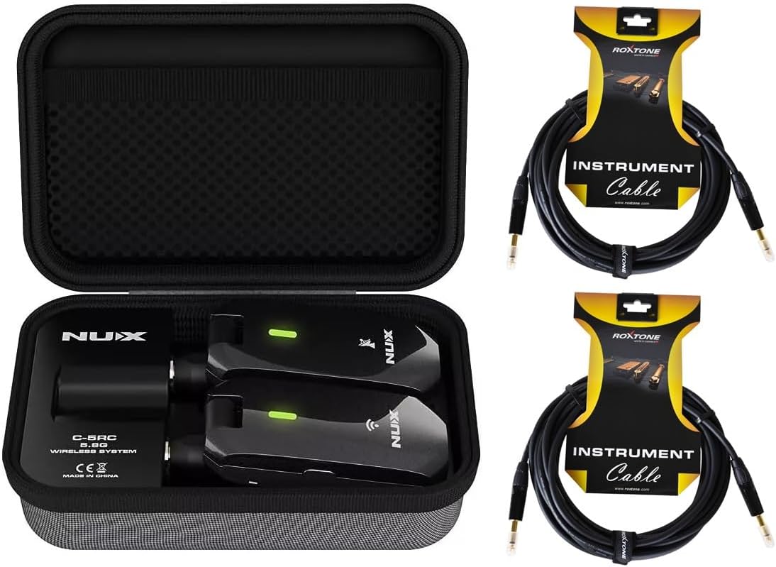 NUX C-5RC Wireless Guitar System 5.8GHz Transmitter and Receiver Auto Match, Charging Case with 2 Roxtone Premium Guitar Cables