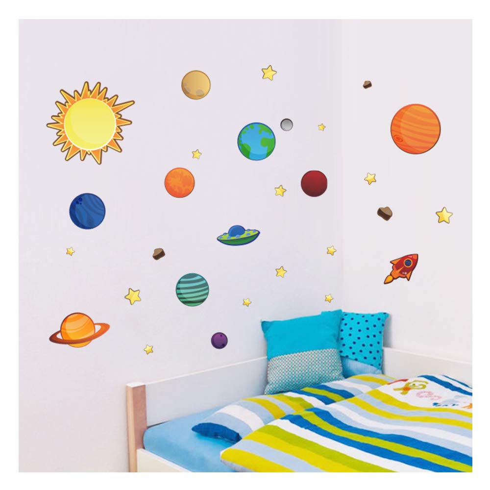 MLM Solar System Planets with Stars in the Space Colorful Cartoon Vinyl DIY Wall Sticker Home Decals Decor For Nursery Baby Room Children's kids Bedroom Removable