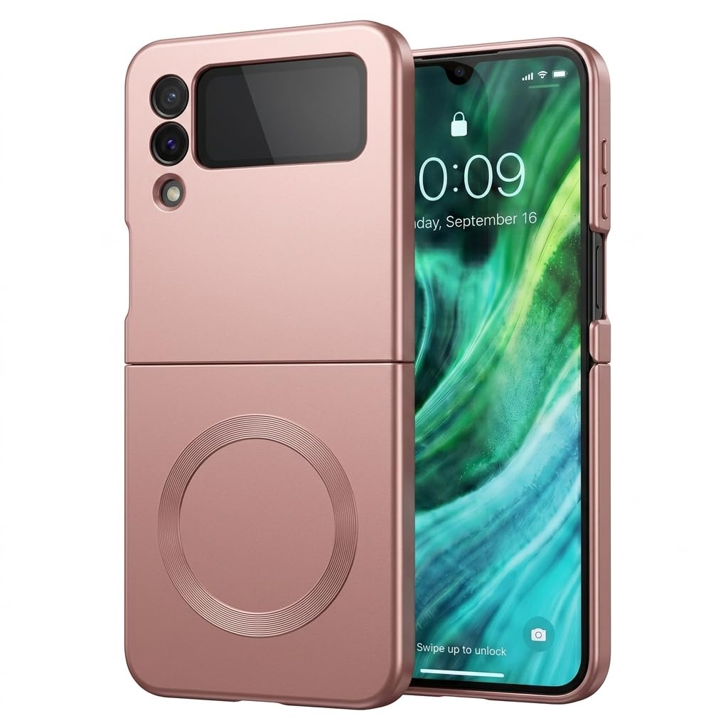 amazon basics premium mag-safe case for samsung galaxy z flip 4 5g | shockproof & anti-scratch cover | soft silicone with wireless charging | camera lens guard - rose gold
