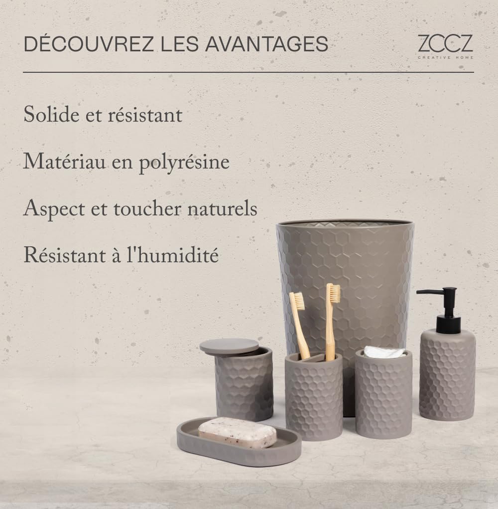 zccz 6 Piece Bathroom Accessories Set, Toothbrush Holder, Toothbrush Cup, Soap Dispenser,Bathroom Vanity Tray, Qtip Holder, Trash Can - Cement