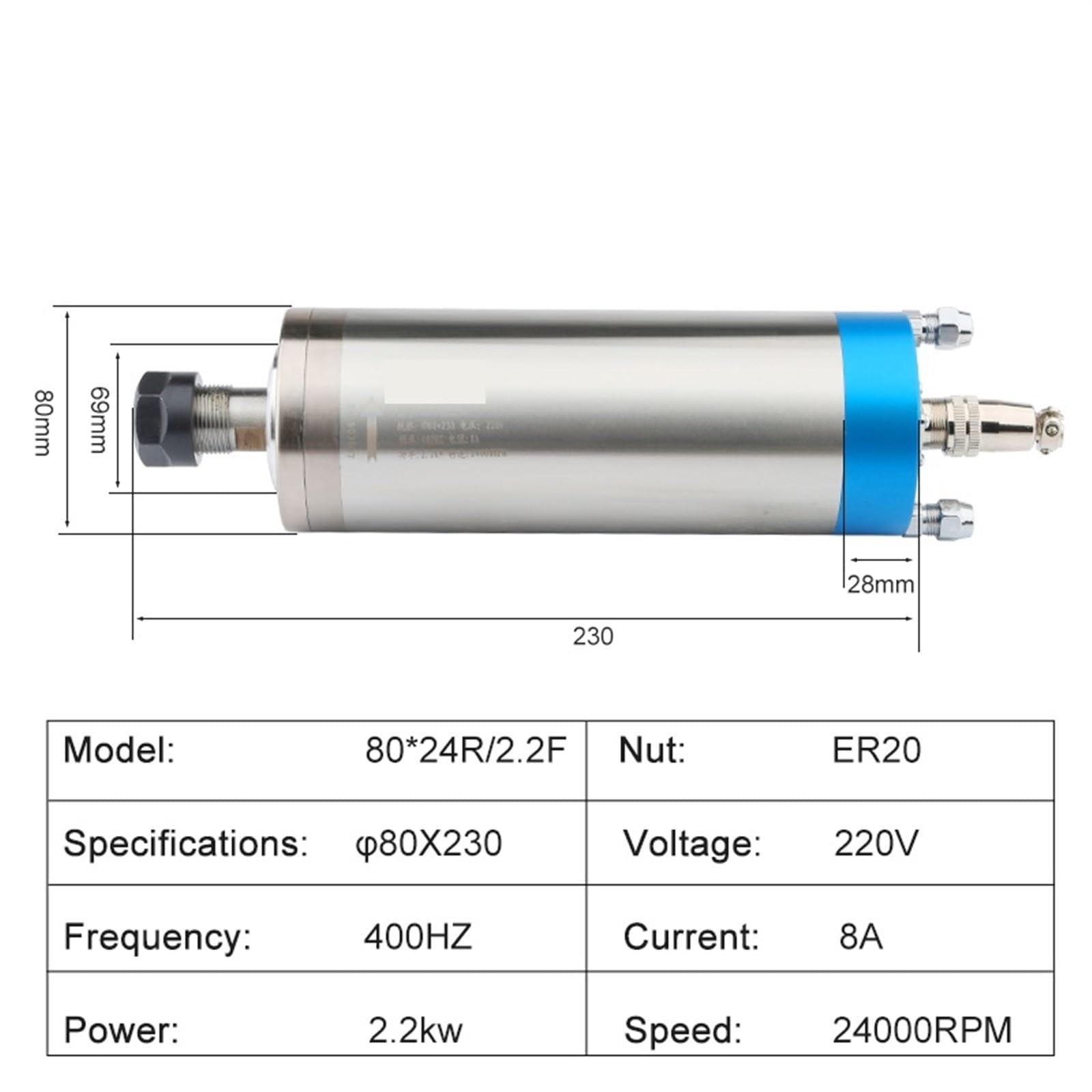 Spindle motor 2.2kw ER20 Water-Cooled Spindle Kit + Inverter + 80mm Spindel Clamp + Water Pump + ER20 Chuck Router Milling Machine(2.2kw 380V)