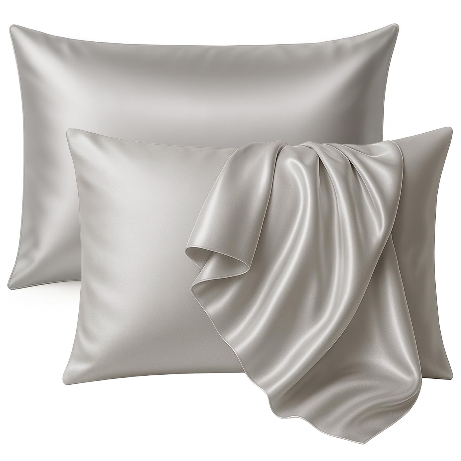 tenn well 2 Pack Mulberry Silk Pillowcase for Hair and Skin, Both Sides 100% Pure Silk Pillowcase 19 Momme Soft Smooth Pillow Case with Hidden Zipper (Standard 51 x 76cm, Grey)