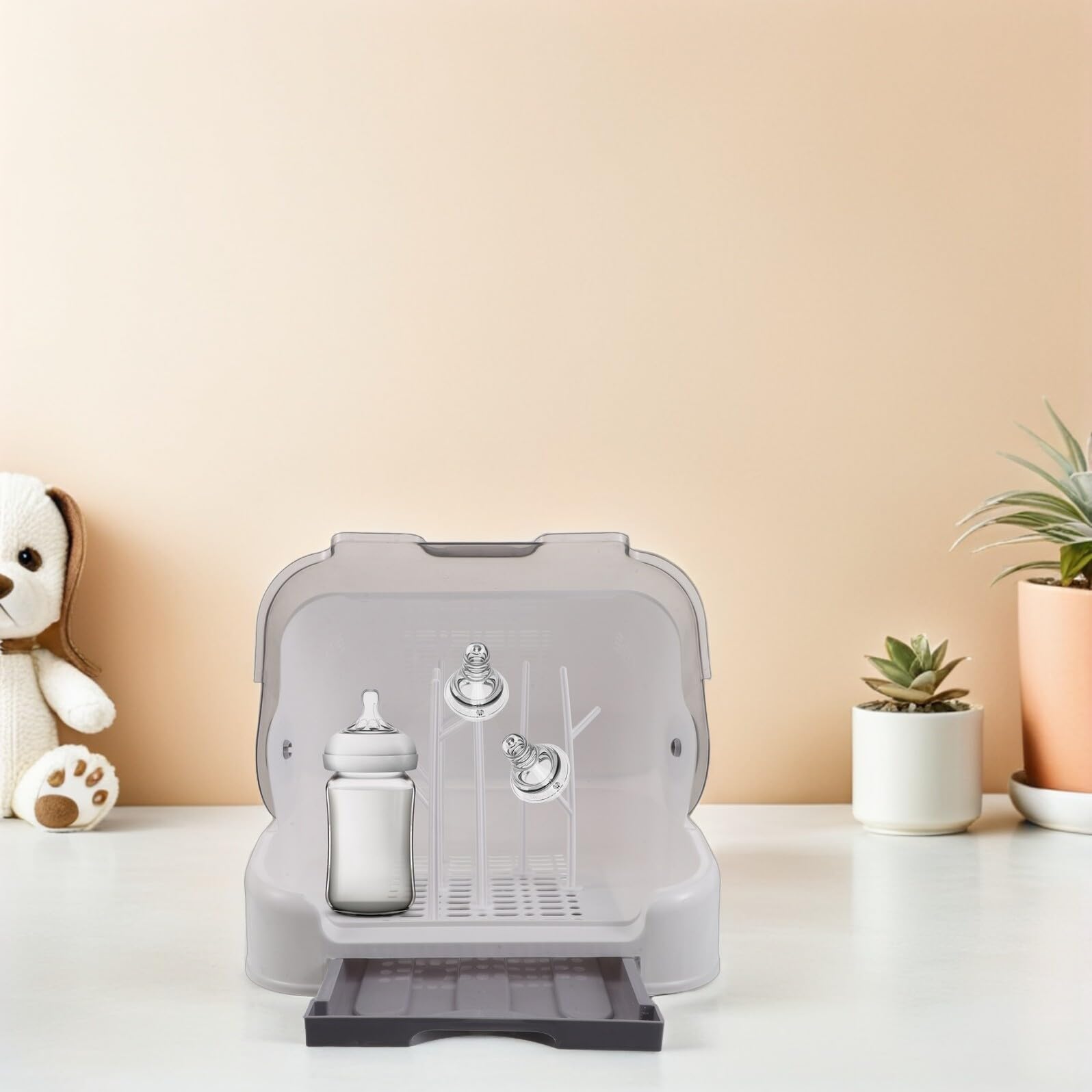 Babyflaschen Trockenständer Großzügig aus Freiem Kunststoff mit Staubschutzdeckel Abtropfschale und 6 Trocknungshaltern Hygienischer Flaschenhalter für Küchenarbeitsplatte