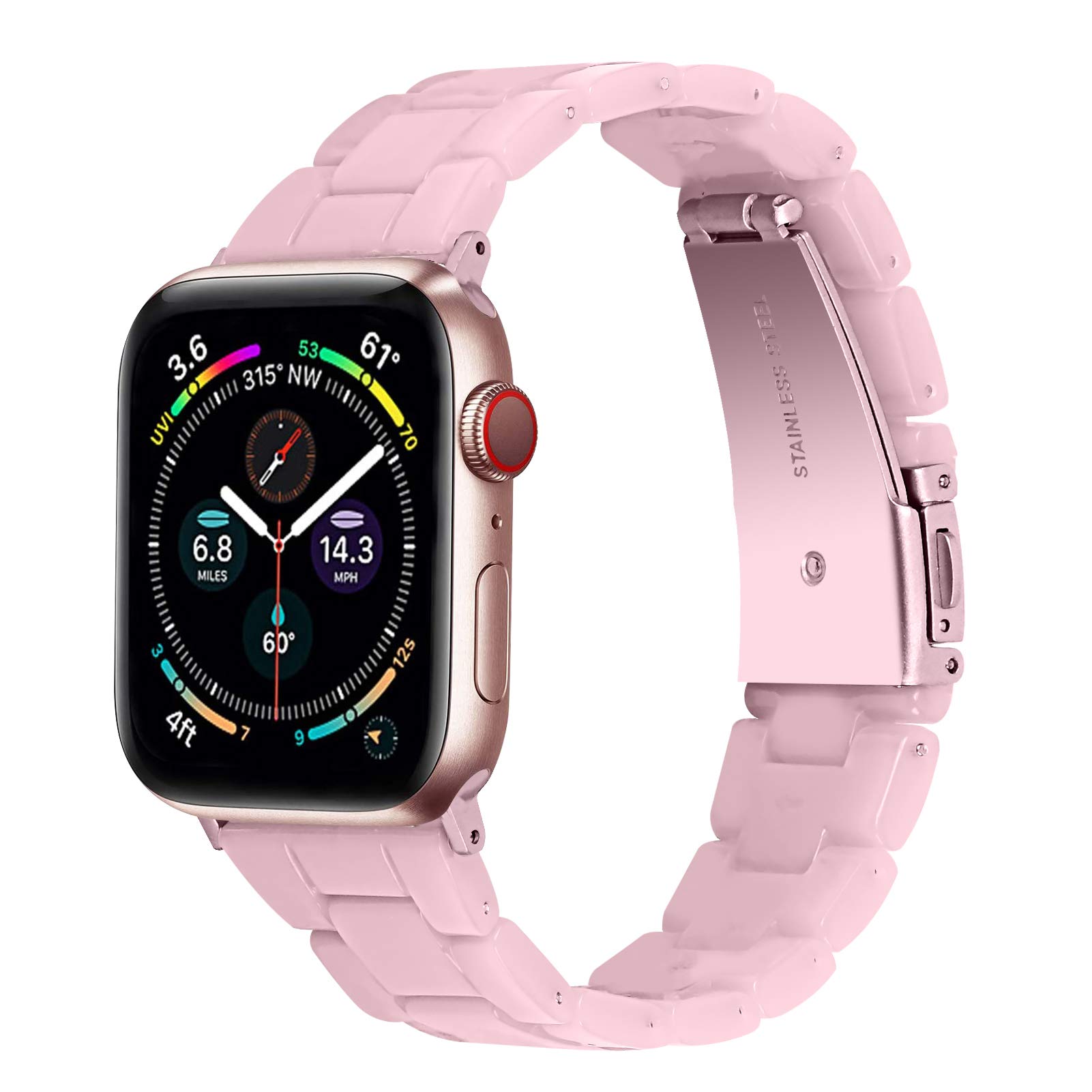 JOYOZY Fashion Resin Band Compatible with Apple Watch 41mm 40mm 38mm, Stainless Steel Buckle iWatch Band Bracelet for Apple Watch Series SE 8 7 6 5 4 3 2 1 Women Men(Pink, 38mm/40mm)