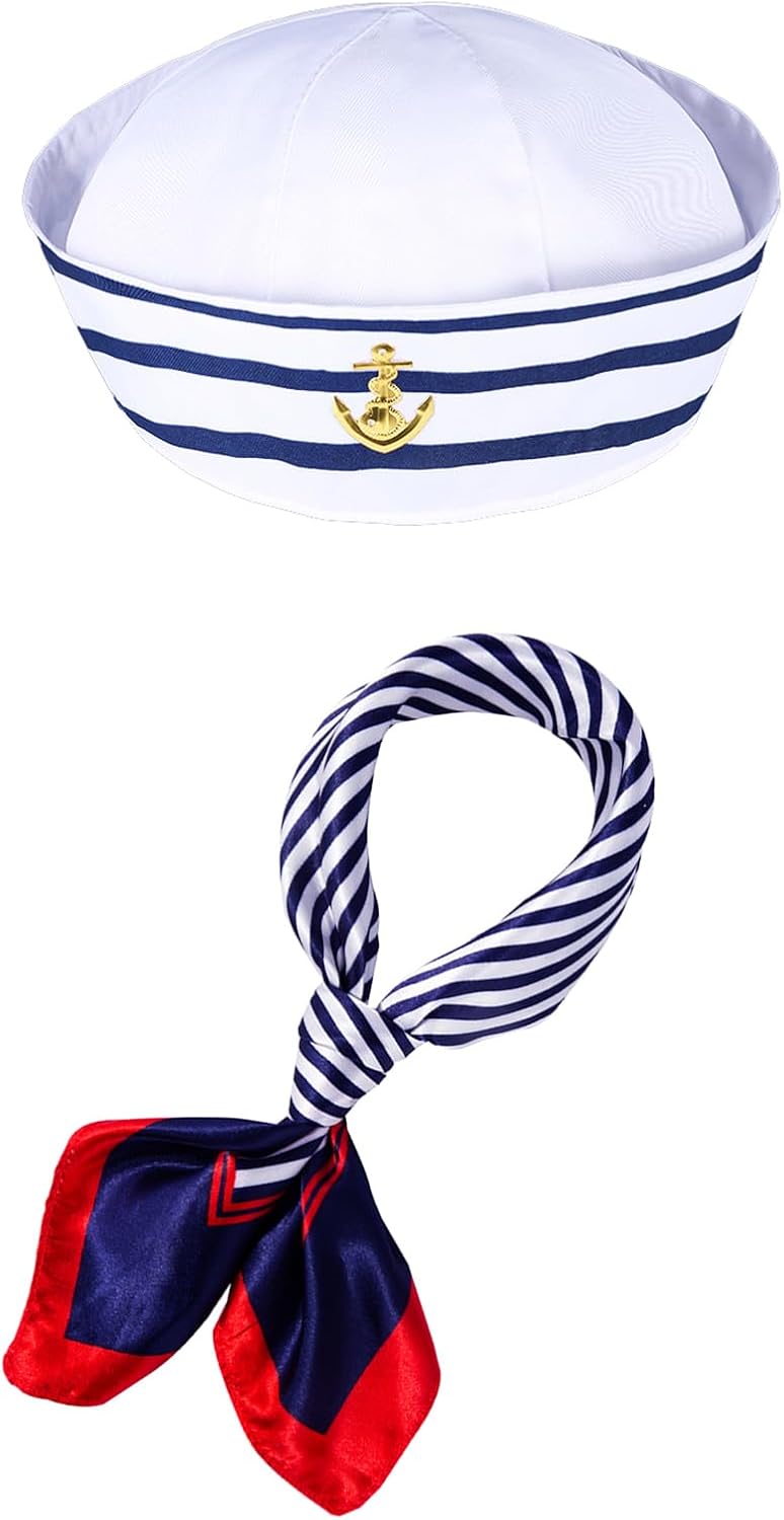 Audaisyly 2Pcs Yacht Captain Hat Sunglasses Sailor Ship Cap Scarf Boat Costume For Adults Cosplay Halloween Party Decor