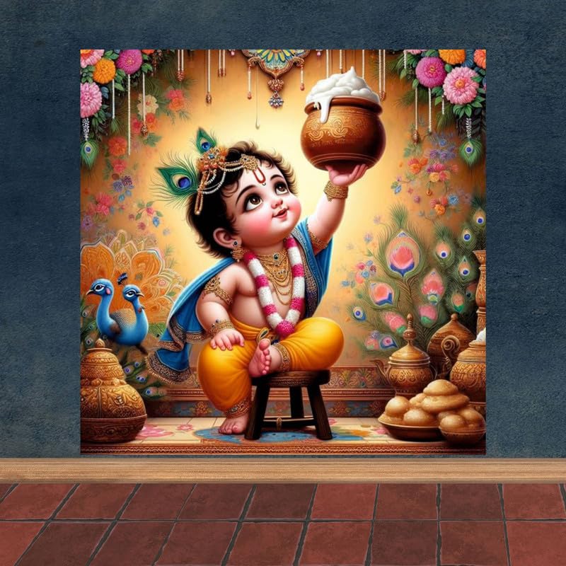 Image of British Terminal Cute little Bal Gopal Baby God Krishna| Kanha Ji | Laddu Lord Makhan Chor Painting Religious Poster for Pregnant Women for wall (matt thin vinyl,sticker,multicolor,unframed)| bj262