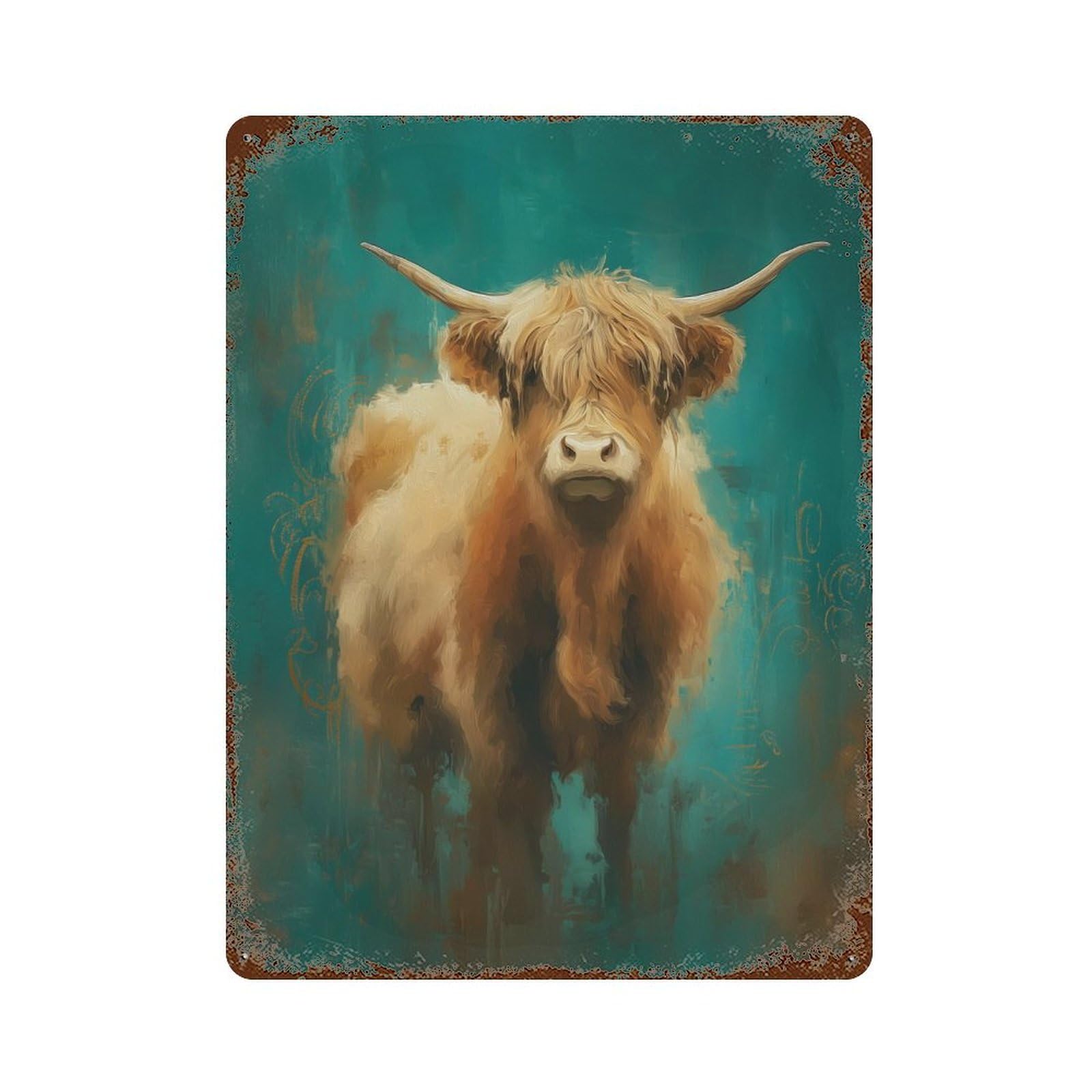 Weathered Tin Sign Highland Cow Painting Art Print 15.7"x11.8", Rustic Home Decor for Basement, Hobby Room And Garage Decor