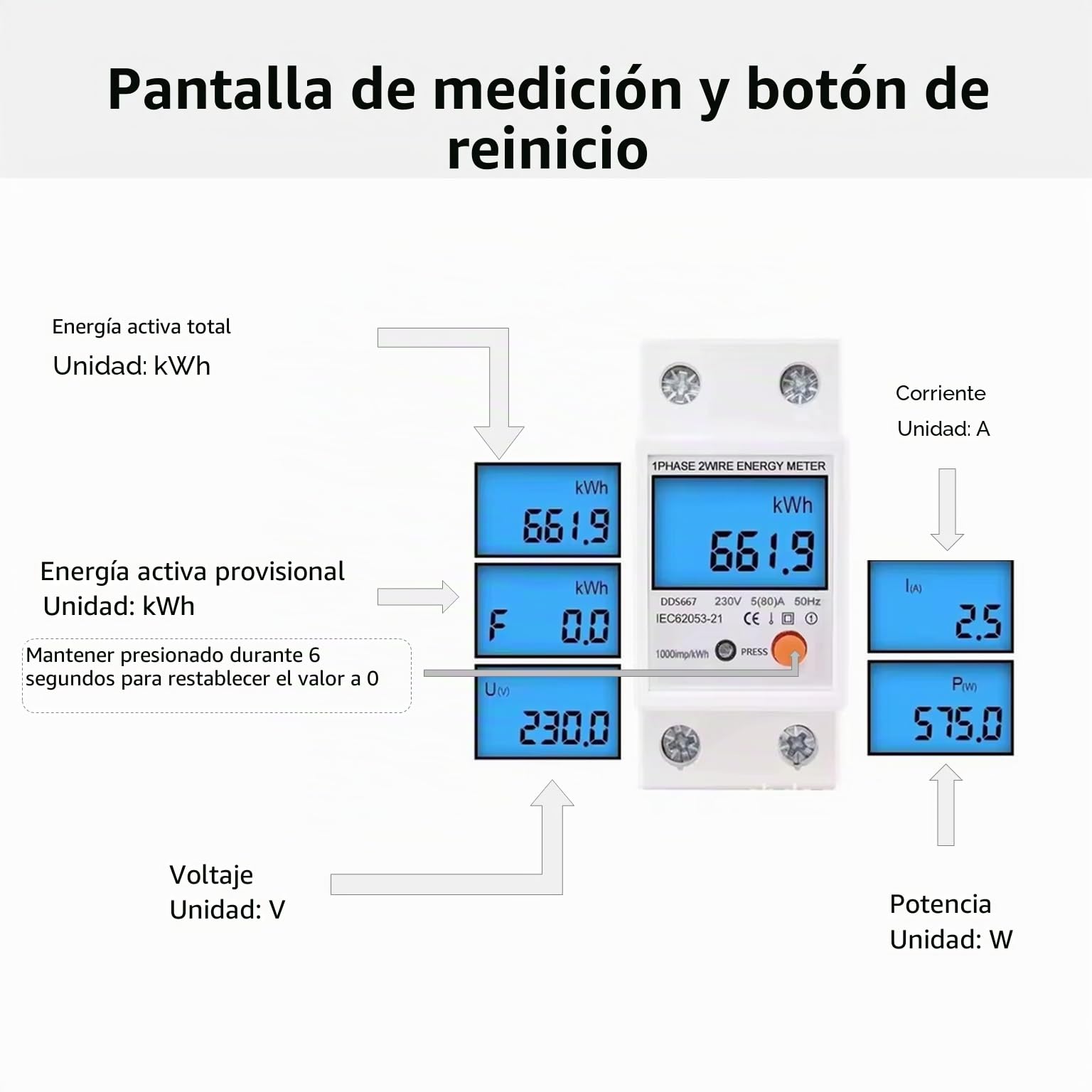 Medidor de Consumo Eléctrico Móvil IP65 con Botón de Reset & Cable H07RN-F – Contador de Energía para Kit Solar Autoconsumo, Caravana, Camping & Carga de Coche Eléctrico (Plug & Play)