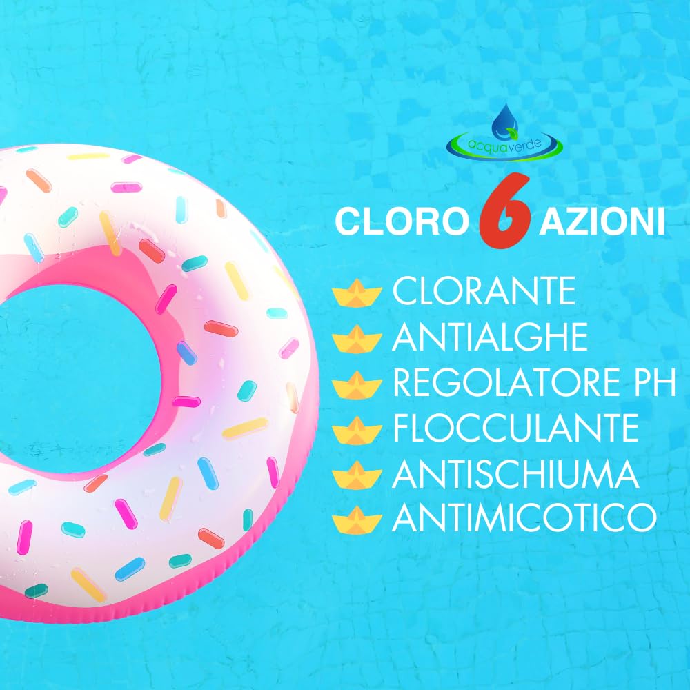 acquaverde | Cloro 6 AZIONI in Pastiglie da 200 grammi, 5 kg di NUOVO Multiazione per Piscina, Trattamento acqua: Clorazione, Alghicida, Flocculante, Stabilizzante del Ph, Antischiuma, Antimicotico