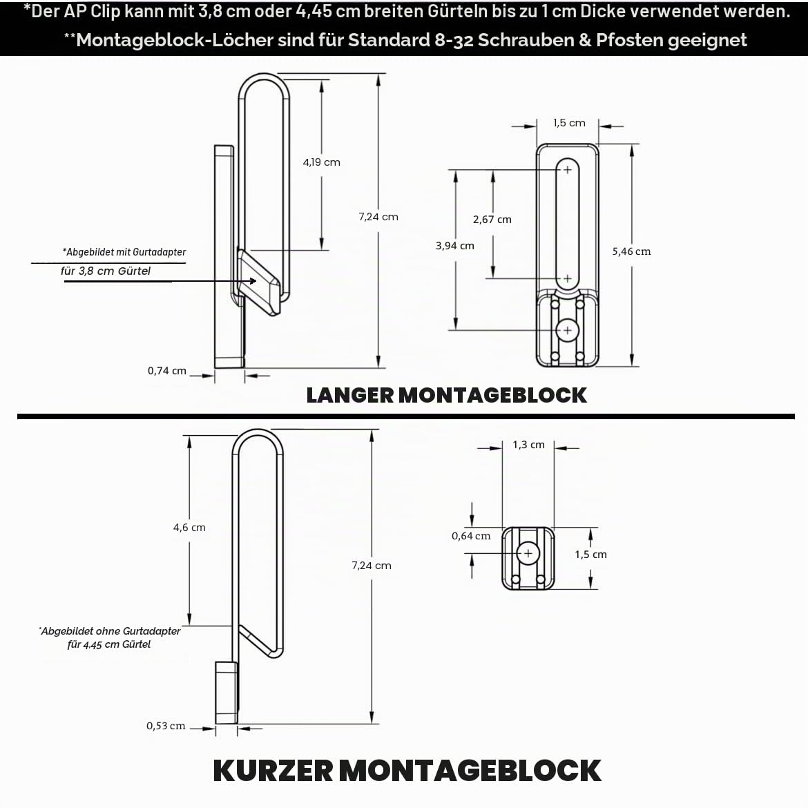 UltiClip AP Clip - Vielseitige lange & kurze Montageblöcke - Passt sich von 4,4 cm auf 3,8 cm an - Minimales Profil, maximale Verdeckung - Weniger 28,3 g - Hergestellt in Amerika, einzeln verkauft