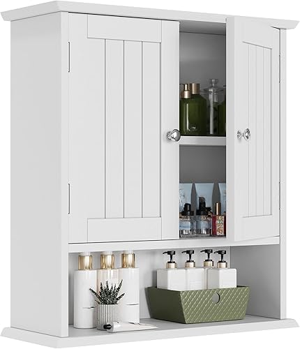 Miniatura 1 de Smuxee Armario de baño blanco montado en la pared, pequeño botiquín de baño con 2 estantes ajustables de puerta, armario de pared de baño sobre