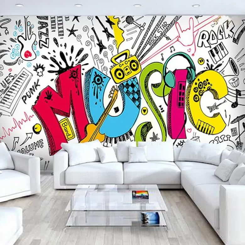 Papier peint chambre d'enfants style musique moderne graffiti 3D pour relooker un mur abîmé