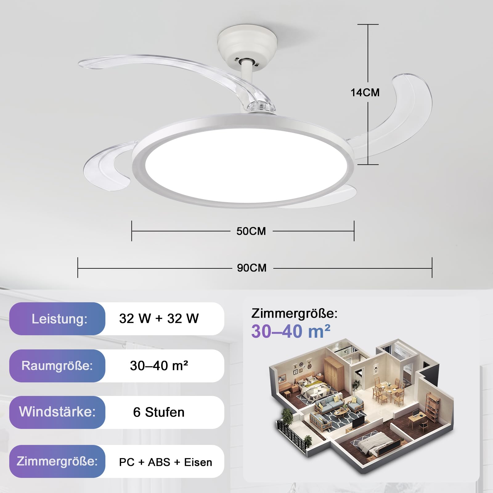 Oraymin Einziehbar Deckenlampe mit Ventilator 50CM, Reversible Ventilator mit RGB Backlicht, Fernbedienung und APP Steuerung
