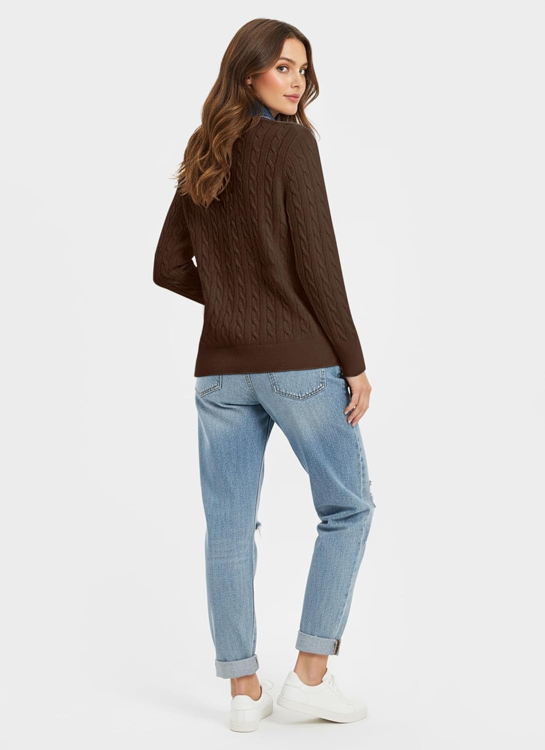 SAUKOLE Sweaters for Women Denim Lapel V Neck Buttons Closure Casual Long Sleeve Cable Knit Loose Pullover Sweater - Image 7