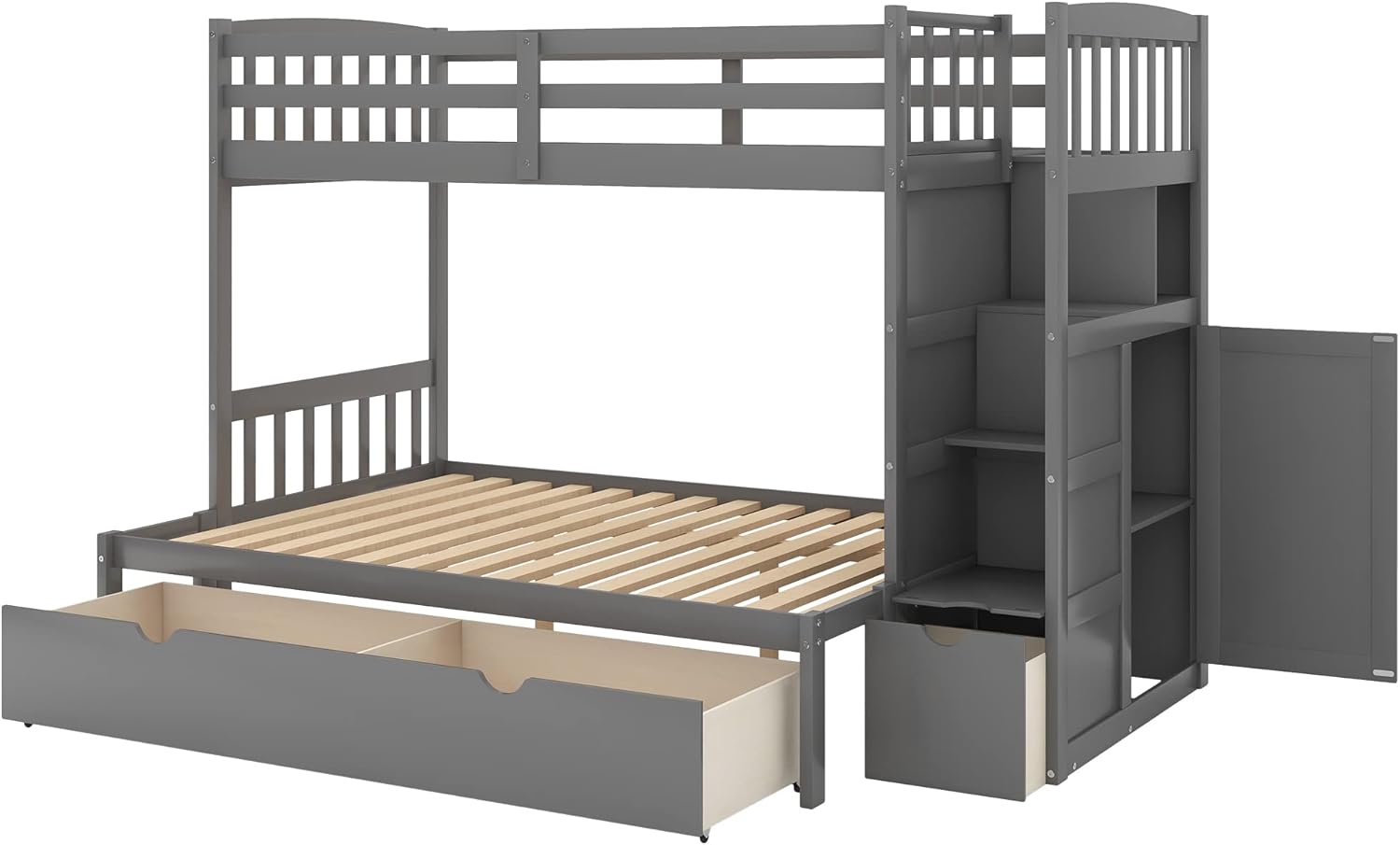 Harper & Bright Designs Twin Over Full/Twin Bunk Bed with 3 Drawers, 4 Storage and Cabinet Door, Twin-Over-Full Convertible Bottom Bed for Bedroom, Dorm, for Family, Kids, Teens, No Box Spring Needed