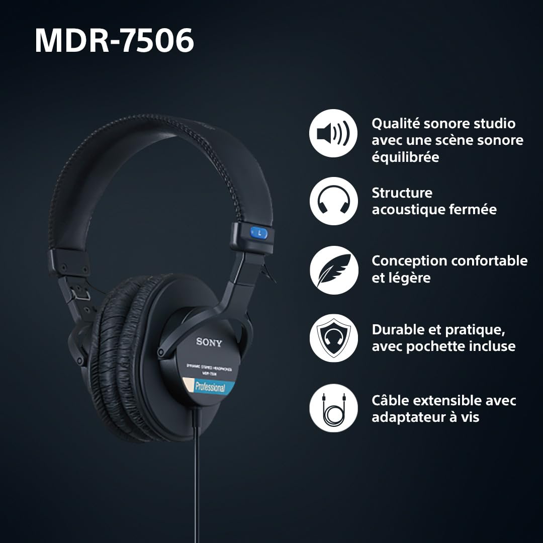 Sony MDR-7506, casque d'écoute studio fermé - filaire, gamme de fréquences 10Hz à 20kHz, idéal pour l'enregistrement et le mixage en studio, 63 Ohm, design léger et pliable (227g), noir