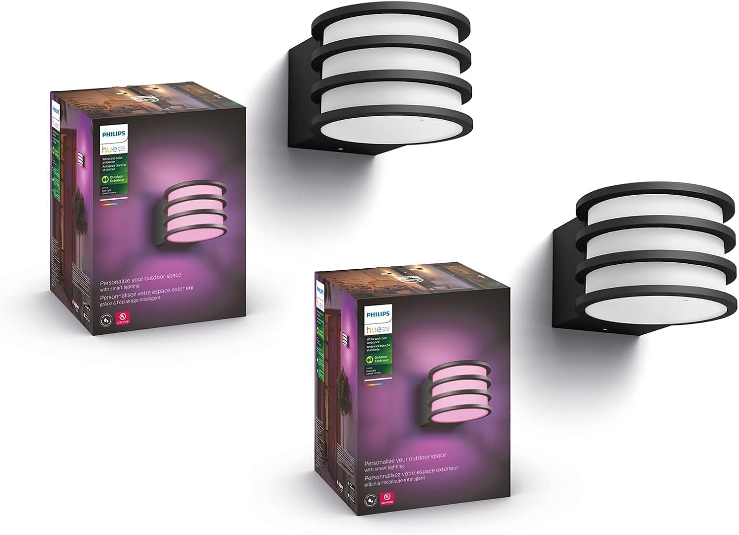 Philips Hue Lucca Outdoor Smart Wall Light, Black - E26 White and Color Ambiance LED Color-Changing Bulbs - 2 Pack - Requires Hue Bridge - Control with Hue App and Voice - Weatherproof