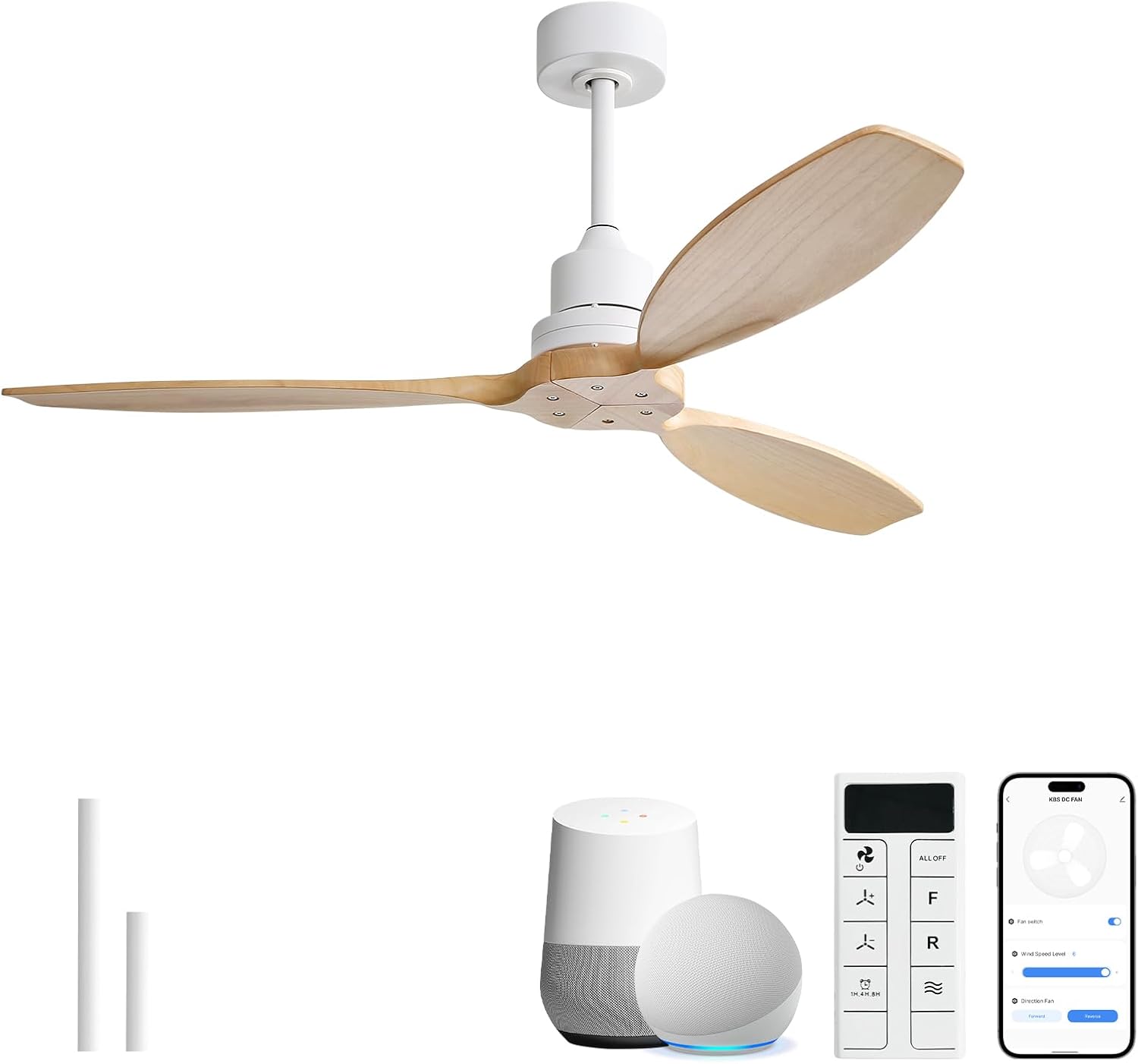 Sofucor 52 Inch Solid Wood Ceiling Fans no Light, Works with App/Alexa/Google, Dimmable 6-Speed Outdoor Ceiling Fan with Remote for Indoor Bedroom Living Room Outdoor Patio Porch, Reversible DC Motor