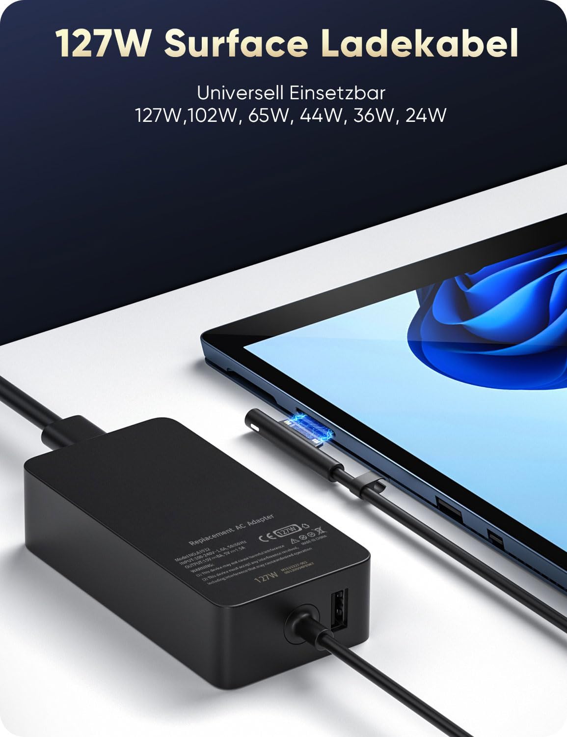 127W Surface Ladekabel für Microsoft Surface Netzteil 127W 102W 65W 44W 36W | Ladegerät für Surface Book 3/2/1, Surface Laptop Studio 2/1, Windows Surface Pro/Laptop/Go, 10FT-Kabel mit Magnetstecker, LED