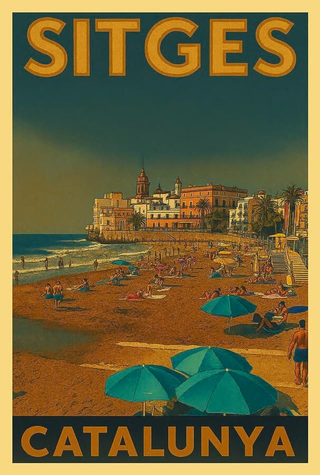 Póster de Sitges vintage para decorar tu salón con la playa de San Sebastián en un día soleado