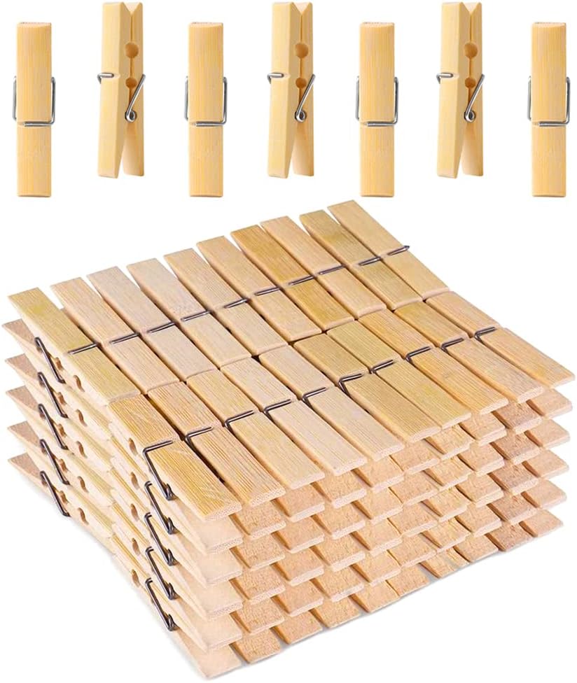 Clothes Pegs, 100 Pack Clothes Pegs for Washing Line Strong Laundry Pegs Super Grip Bamboo Washing Pegs for Washing Line Outside Non Slip