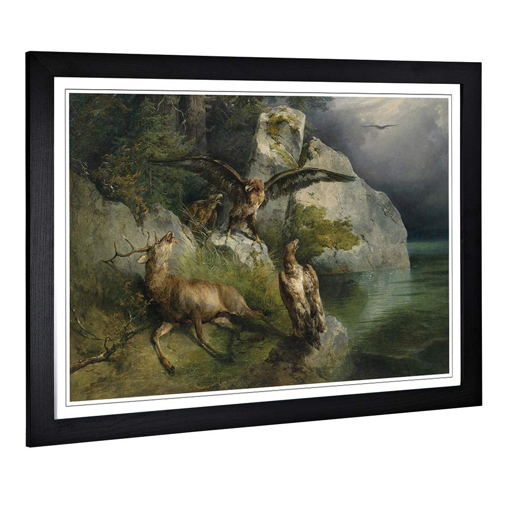 Big Box Art Framed Print of Friedrich Gauermann Eagles, Stag and Deer Design | Wall Art Picture | Home Decor for Kitchen, Living Room, Bedroom, Hallway, Black, A2 / 24.5x18 Inch / 62x45cm