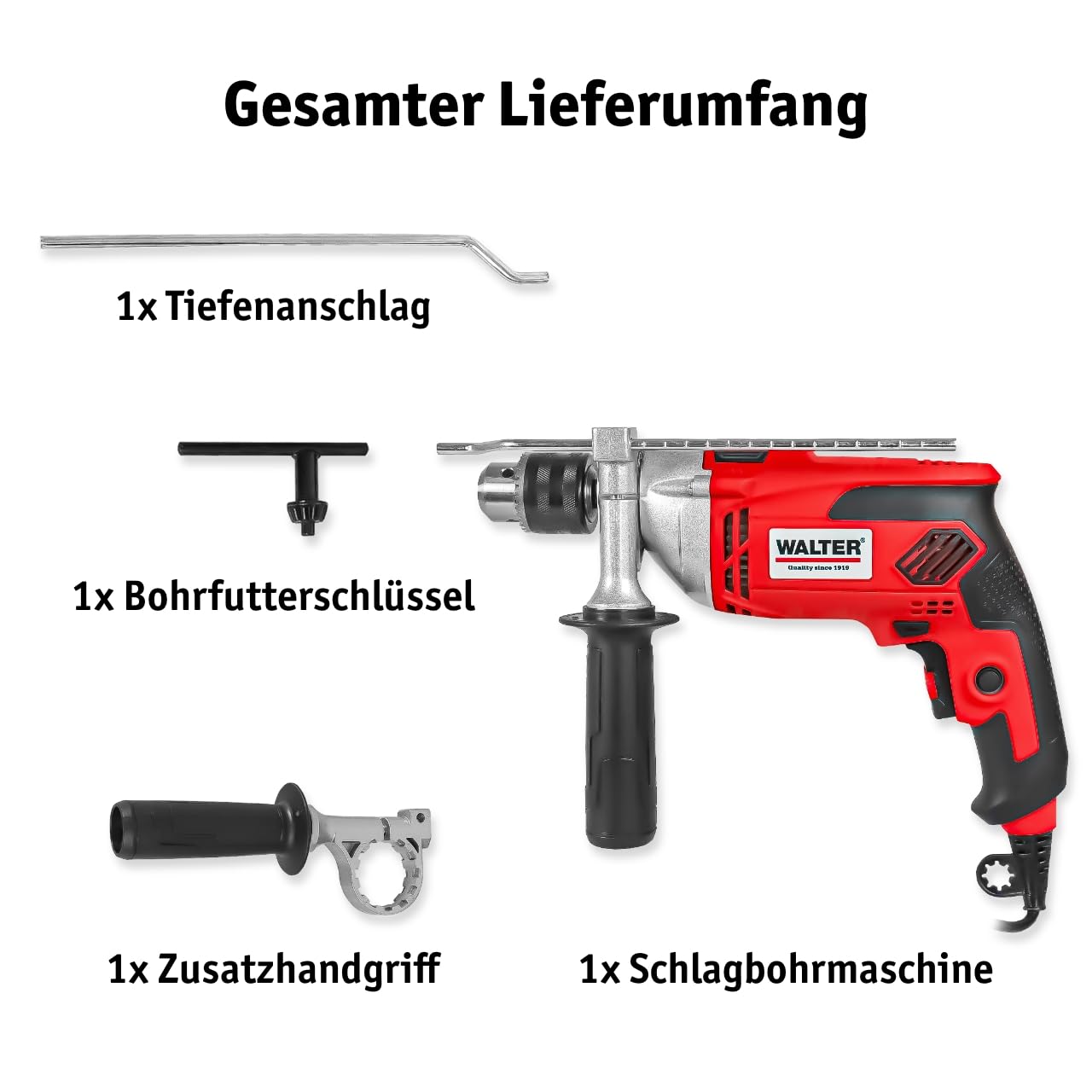 WALTER Schlagbohrmaschine (910 Watt, elektr. Drehzahlregelung, mit zweiten Handgriff, Tiefenanschlag, max. Bohr-Ø: Holz: 25 mm, Beton: 16 mm, Metall: 13 mm)