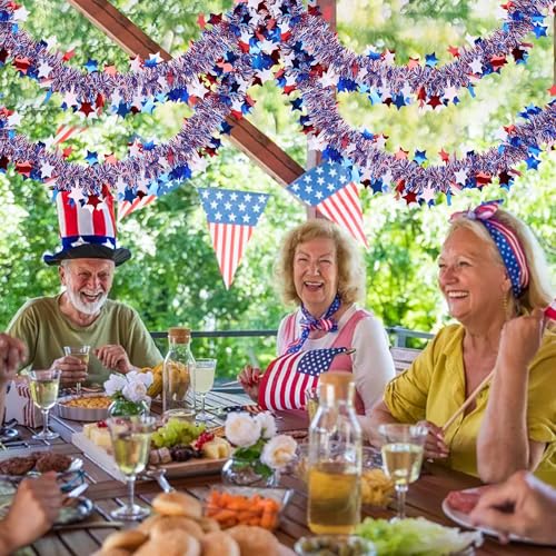 Image of 50FT 4th of July Patriotic Decor Tinsel Garland Decorations, Red White and Blue Star Garlands for Memorial Day Decor Fourth of July Independence Day Indoor Outdoor Yard Home Party Decor Supplies
