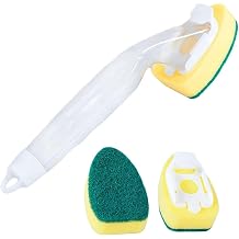 Dishwand Refills with Handle, Dish Wand Refill Replacement Sponge Head,Non Scratch Dishwand Refill Dishwasher Cleaning Set, Soap Dispenser Scrubbers,Dishwashing Scrub Dispensing Brush Pads 3 Pcs
