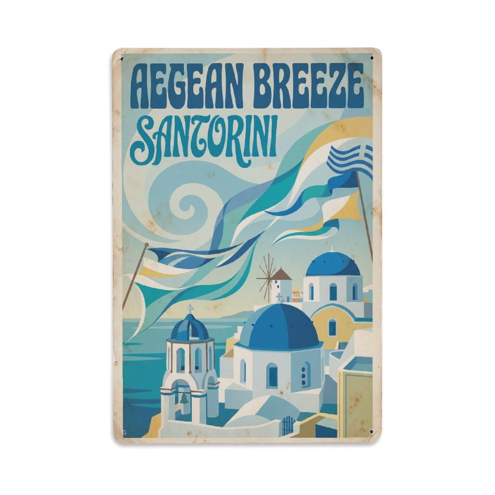 Gead 8X12inch Style Vintage Travel Santorini Aegean Breeze Metal Tin Sign