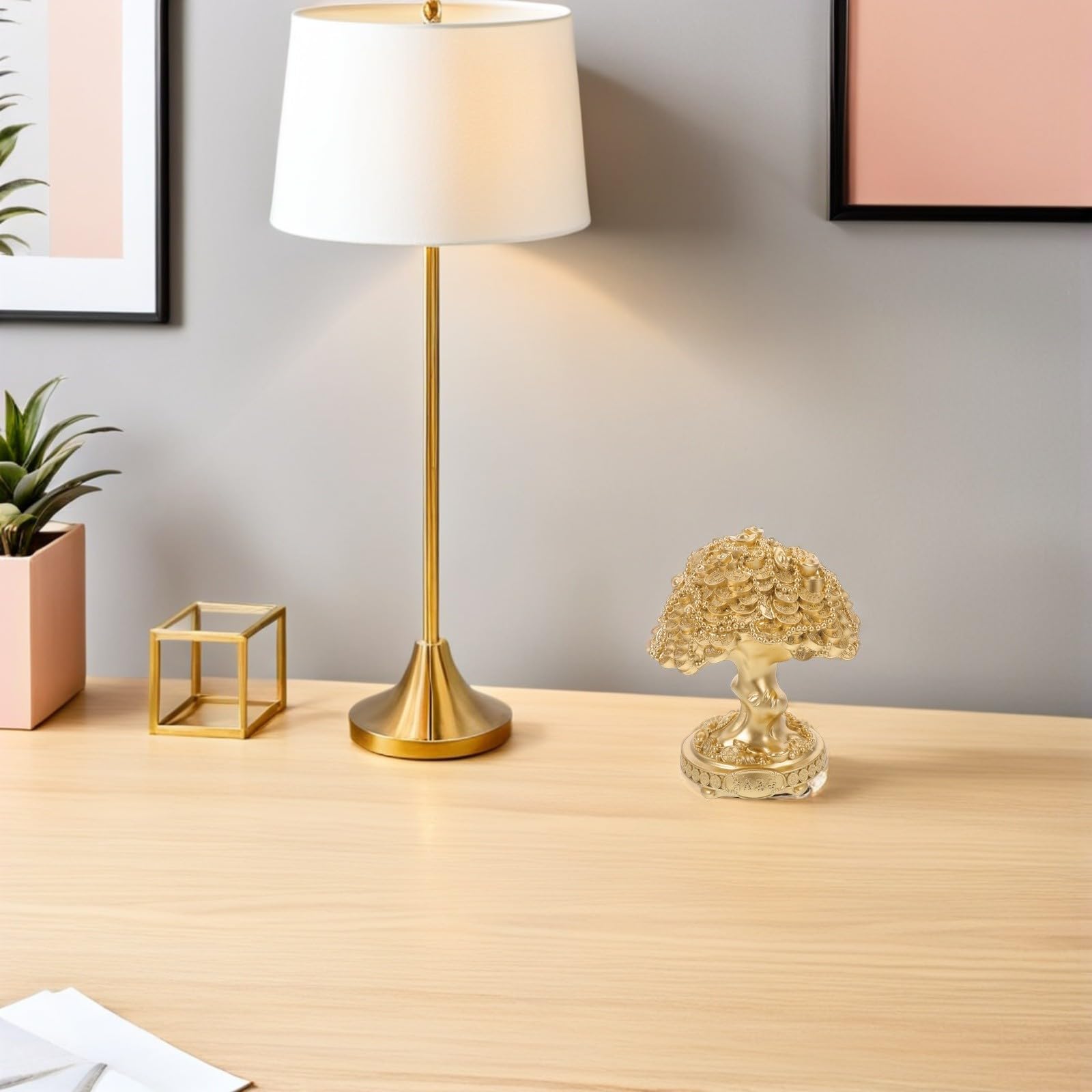 VANZACK Dekorative Feng Shui Geldbaum Statue aus Kunstharz, goldenes Baumornament für Tisch und Schrank, geeignet für Familie und Freunde als Symbol für Reichtum und Glück