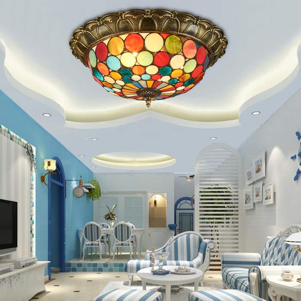 sufitowa LED, klasyczna sufitowa witrażowa w stylu retro, rustykalna do sypialni, sufitowa, piękny kolorowy szklany klosz, artystyczna, oświetlenie dekoracyjne, do przedpokoju, 18 W, 1350