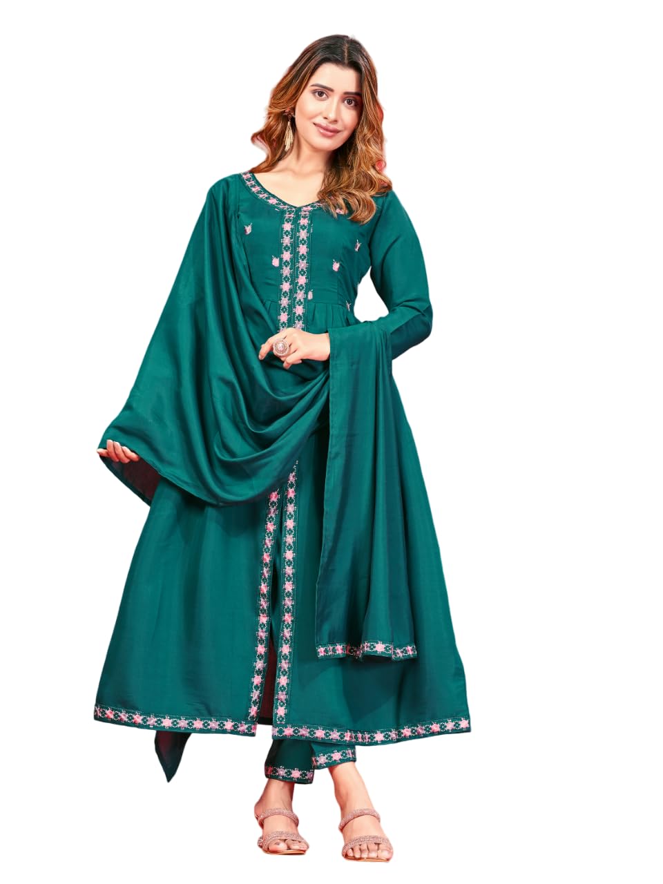 Womens Latest Pure Art Silk Embroidery Work Kurta, Pant With Dupatta Set | Women Stylish Kurta Set For Occasion (Large, Rama Green)