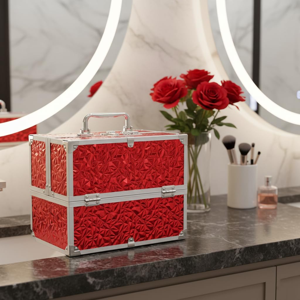 Adson Professional Makeup Box Cosmetics Case Jewelry Organiser Vanity Make Up Storage Box Beauty Train Case Lockable with Keys (Diamond Glow Red) - Image 7 thumbnail
