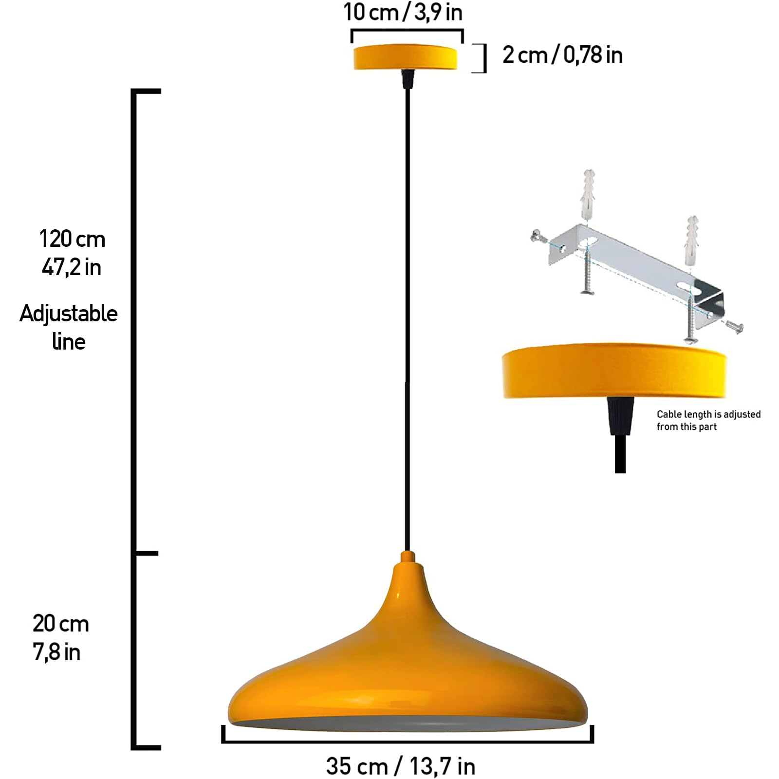 bamyum Champion Hängelampe Esstisch Metall Ø35cm, Pendelleuchte Dunkelgelb Lampenschirm Wohnzimmer Industrial Vintage, Küchenlampe Hängend
