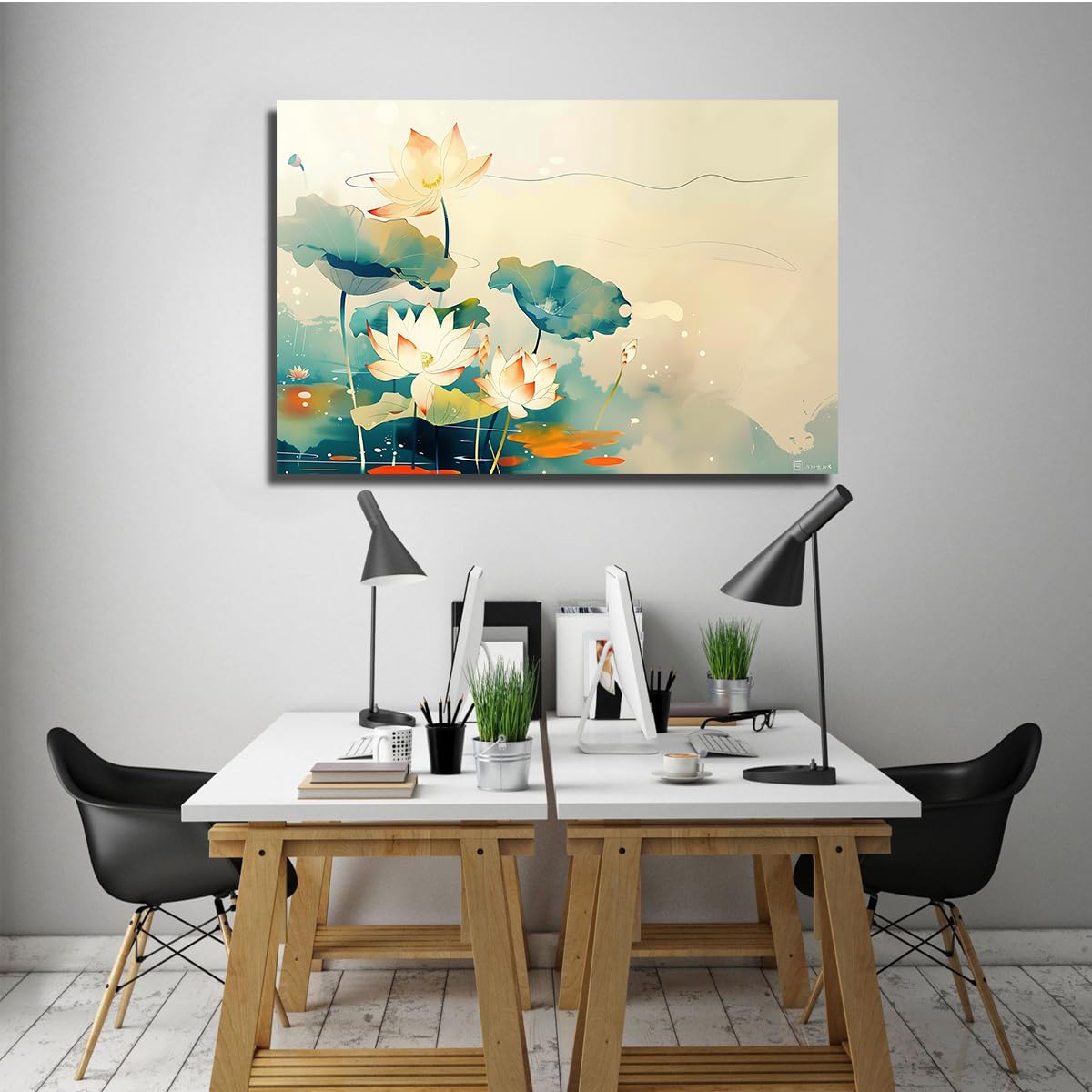 Oprawiony kwiat lotosu akwarela kwiaty obraz jako sztuka ścienna 60 x 90 cm