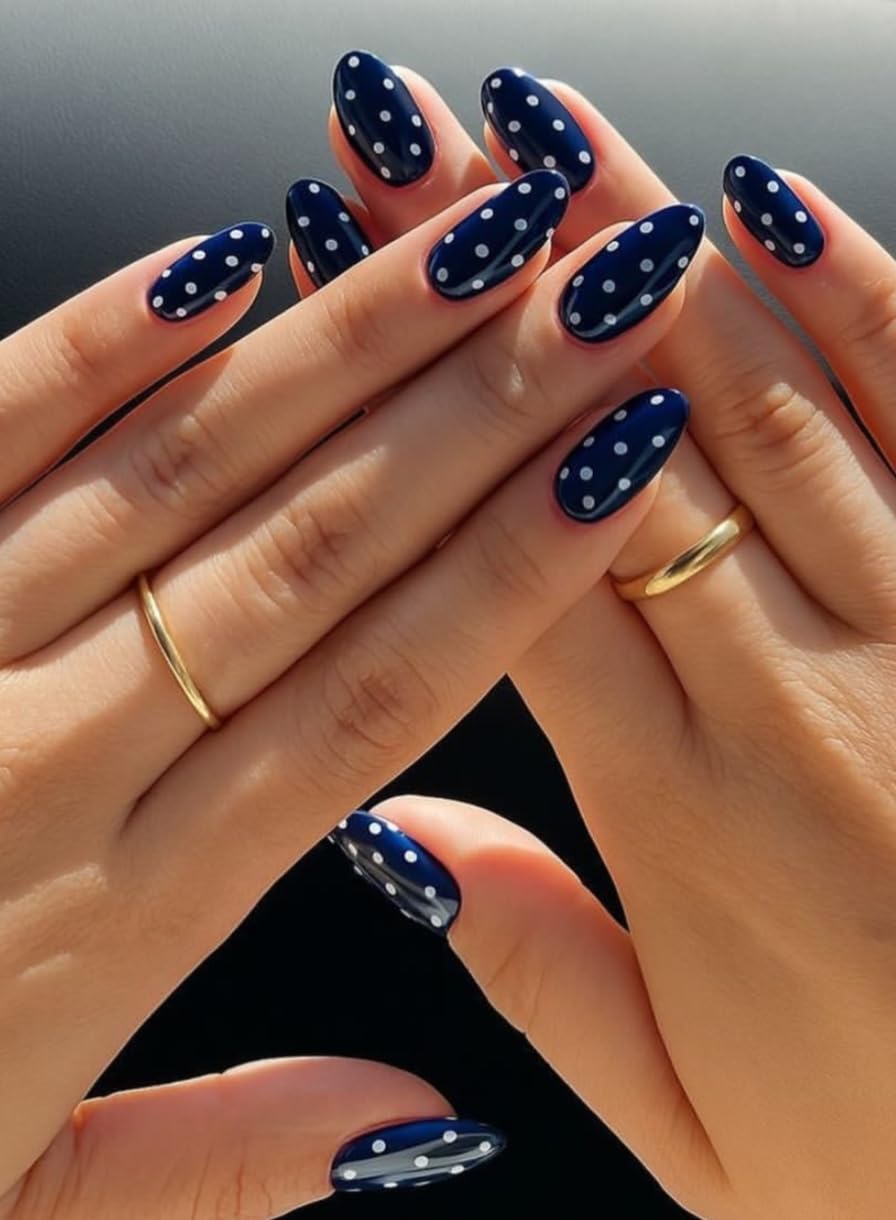 Press-on Nails Navy Blue Polka Dot Almond Shape, 12 Pcs | White Dot Design, Glossy Finish, Includes Glue & File, Reusable False Nails, Alcohol Pad Included-image-20