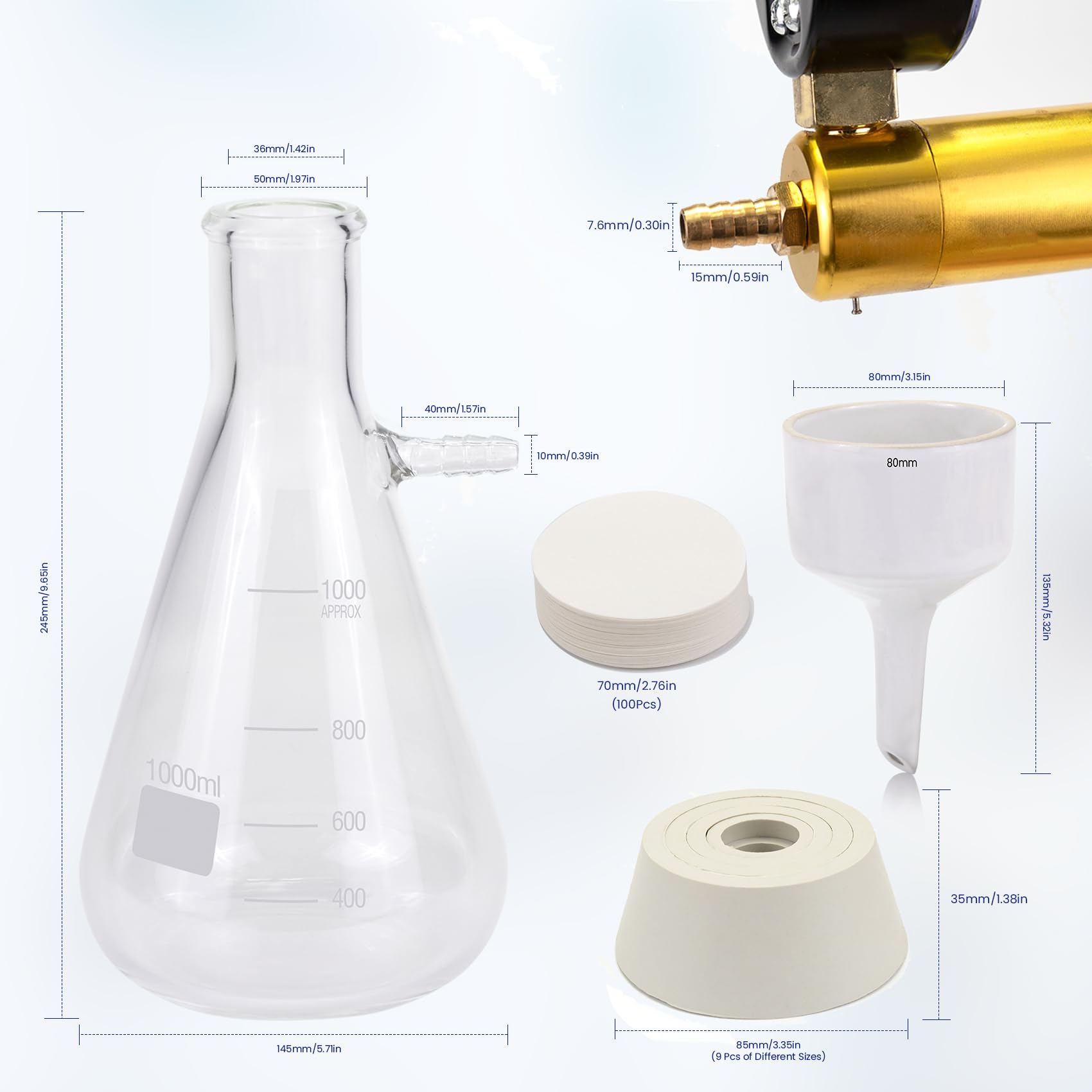 Kit de Filtrado al Vacío Buchner Funnel 1000 mL, Bomba de Vacío Manual, Embudo Buchner de 80 mm, 100 papeles de filtro, manguera de goma y tapones para el Laboratorio | 1000 ml de pistón de filtro, bomba de vacío manual, embudo Buchner de 80 mm, 100 papel