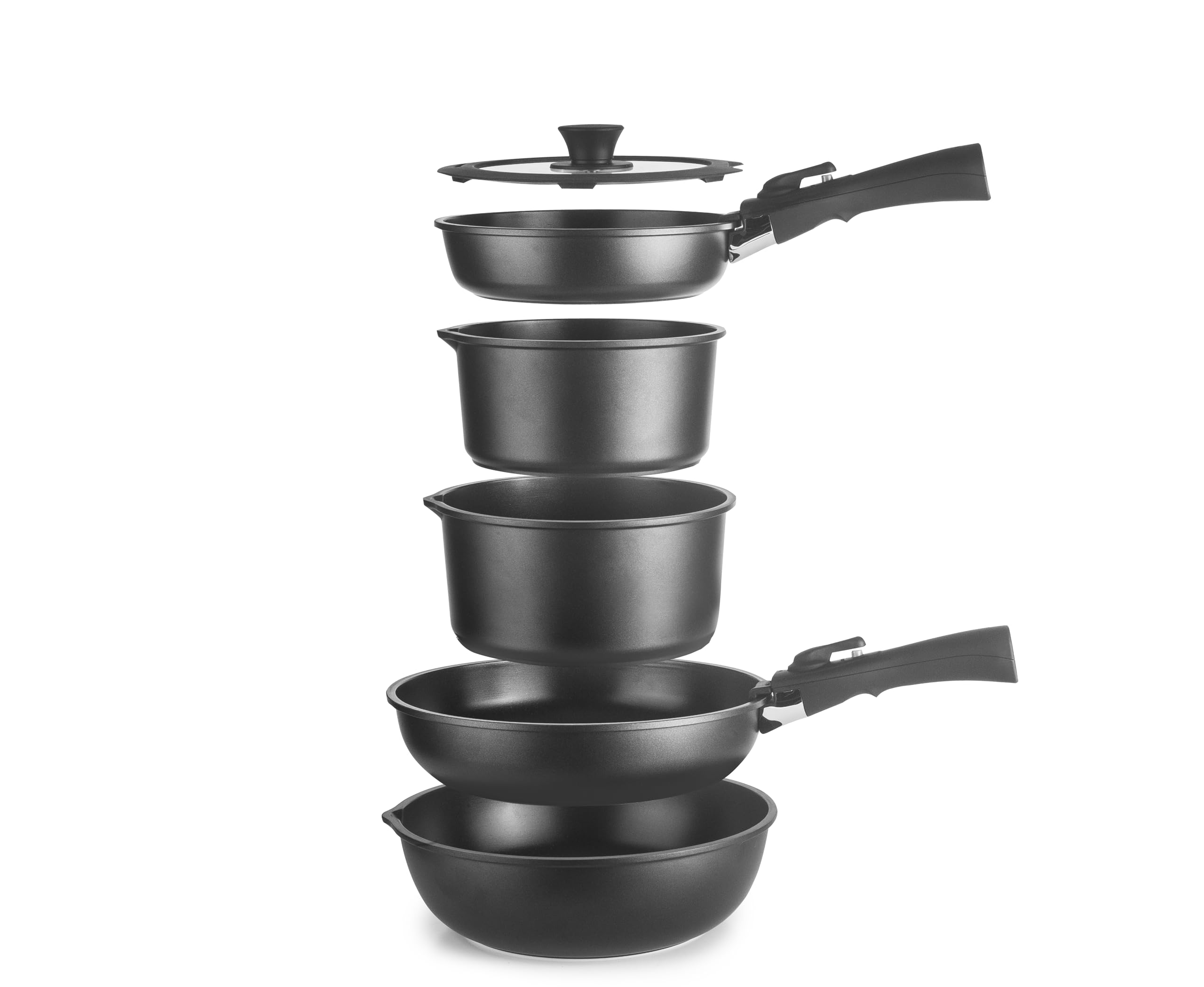 IBILI - Set Batería 9 Piezas Kompakto, sarten 20-​26 cm, sarten honda 26 cm, cazo 18-​20 cms, tapa 20-​26 cms, 2 mangos extraibles, libre de PFAS, Aluminio fundido, Apilable, facil de almacenar