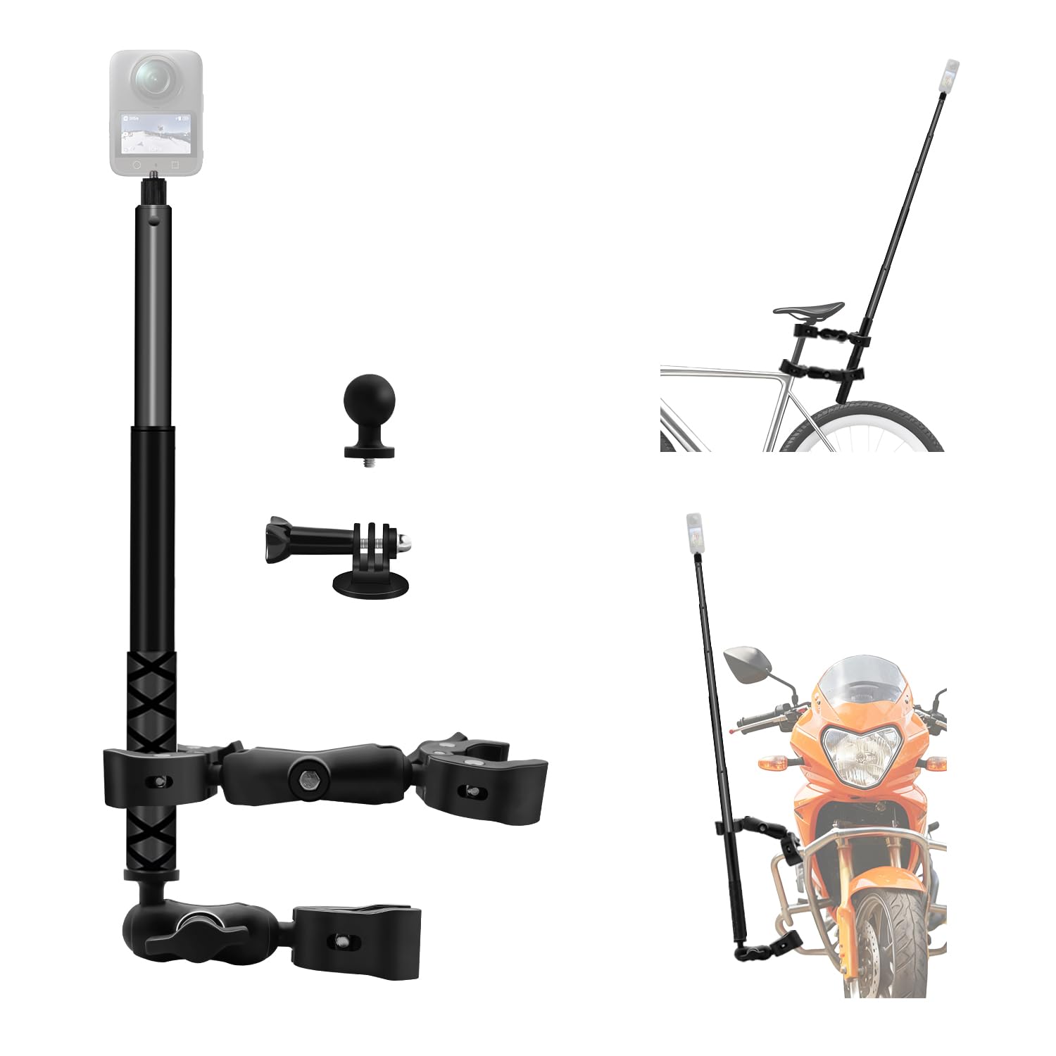 Moto Pince Support avec 47’’ Invisible Bâton Compatible avec Insta360 X5-X