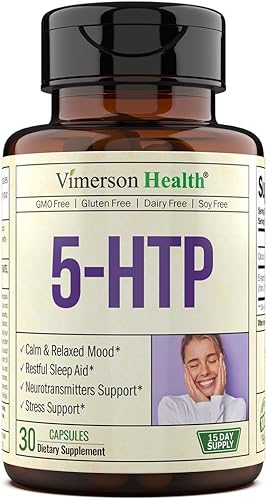 Suplementos de serotonina 5HTP para mujeres y hombres. Ayuda para dormir y apoyo ocasional para el estrés - Suplemento 5 HTP Plus de 200 mg con