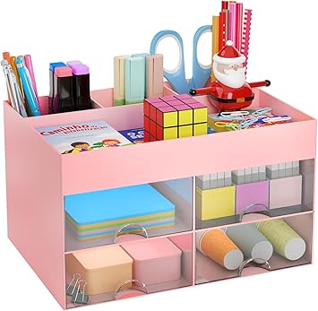 Zollyss Plastic Multi-Functional Desk Organizer With 4 Compartments & 4 Drawer Desktop Office Supplies Stationery Storage Box Cosmetic Organizer For Pens Staplers Clips Sticky Notes (Pink) - image, photos