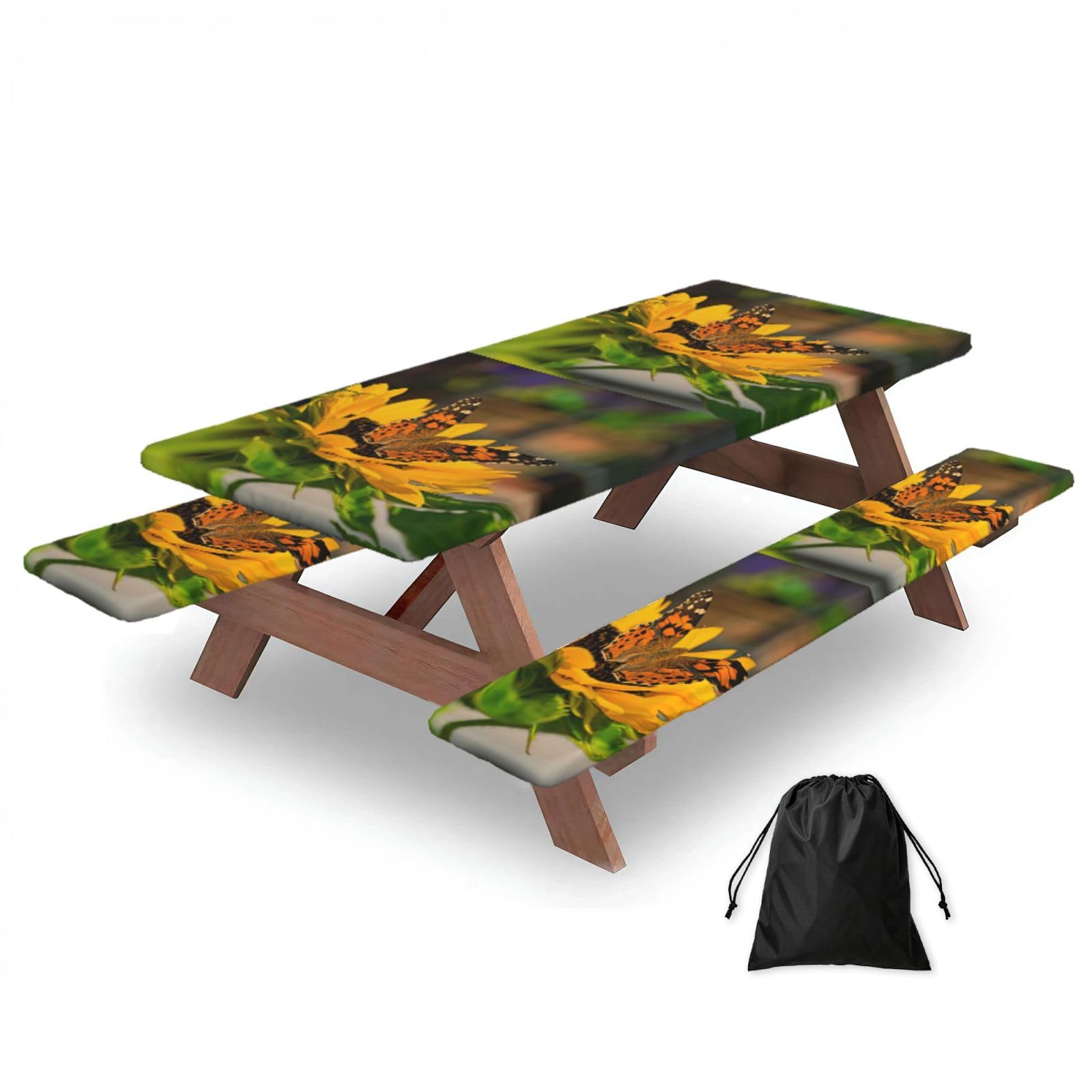 Yqxwjl Black Sunflower Butterfly Print Camping Essentials Waterproof Camping Table And Bench Cover With Drawstring Bag 183 Cm